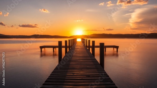 Wallpaper Mural Wooden pier stretching into a calm lake at sunset, with warm golden hues and silhouetted hills in the background, creating a serene and tranquil ambiance. Torontodigital.ca