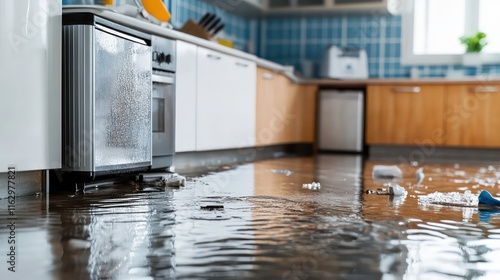 Flooded kitchen with water damage and dehumidifier, symbolizing water extraction and mitigation.