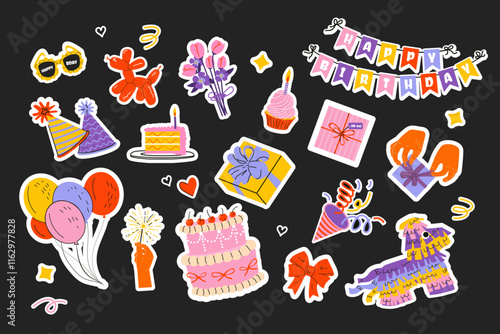 Set of Birthday cute stickers with hand drawn clipart for planners, notebooks Trendy holiday elements, party decoration, cake, candle, gift, balloon, party hat, confetti, pinata, floral glasses, flags
