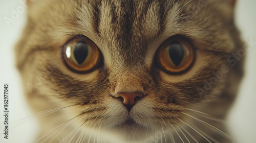 A domestic cat with strikingly large, golden eyes gazes directly at the viewer. The fur is soft, featuring distinctive stripes. The neutral background provides ample copy space photo