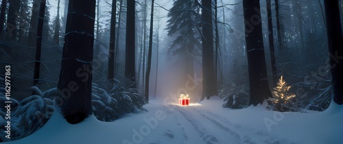 A neatly wrapped gift with natural decorations on a snow dusted forest trail set against a backdrop of tall snow laden trees. Extremely detailed high resolution illustration. photo