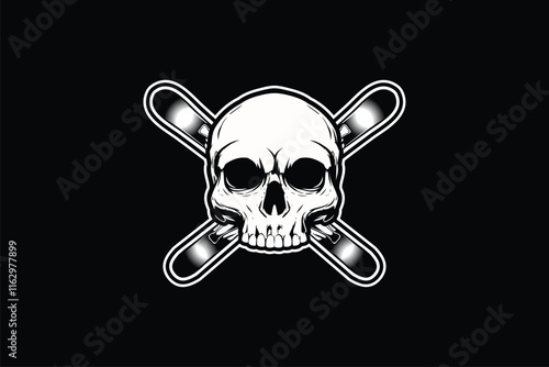 Black and White human Skull head with Ski boards vector logo