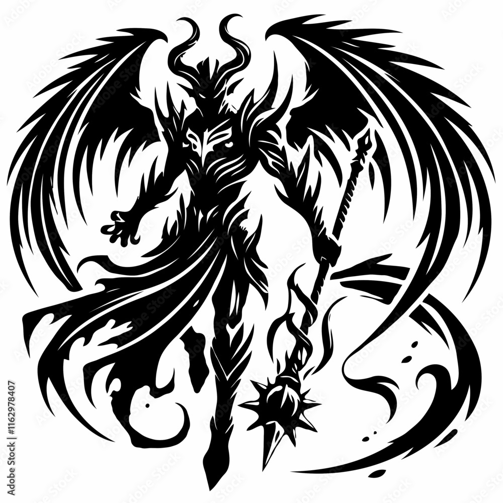 Obraz premium Black-and-white silhouette of demonic creature in armor with weapon
