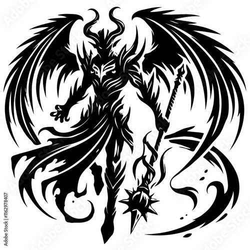 Black-and-white silhouette of demonic creature in armor with weapon