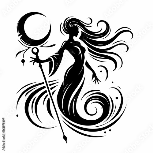 Mystical sorceress illustration with crescent staff
