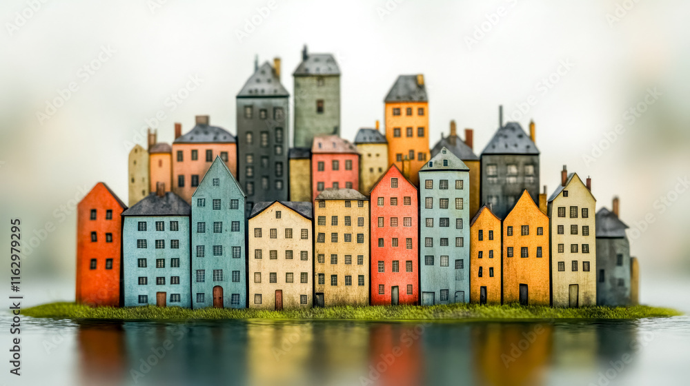Fototapeta premium Colorful miniature buildings forming a small city on an island