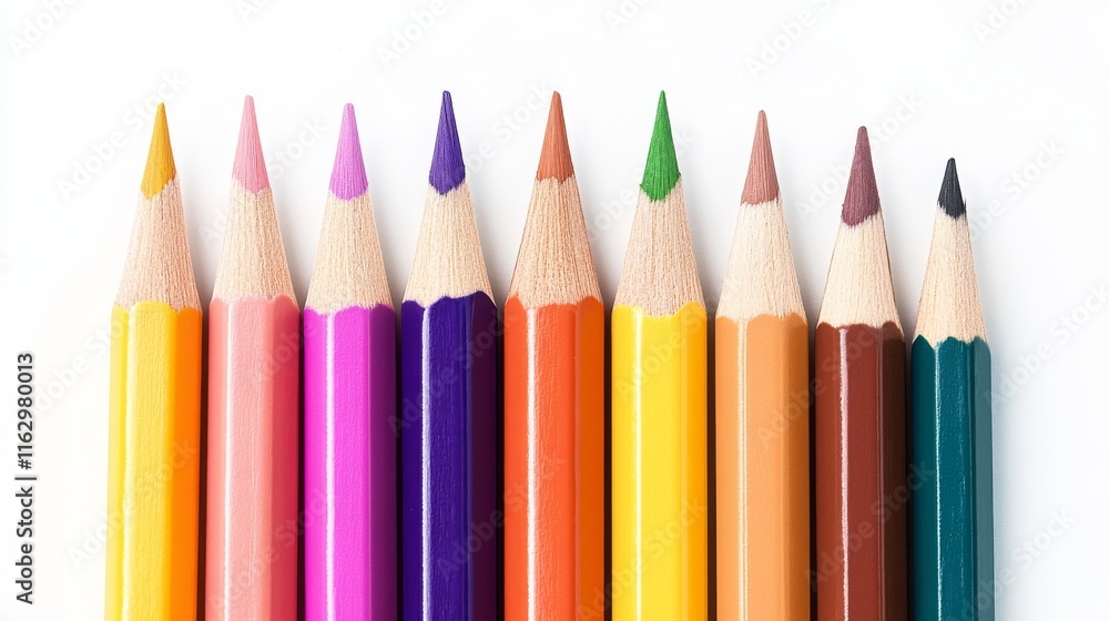 Colorful pencils arranged neatly in a row. Colorful pencils arranged neatly in a row.