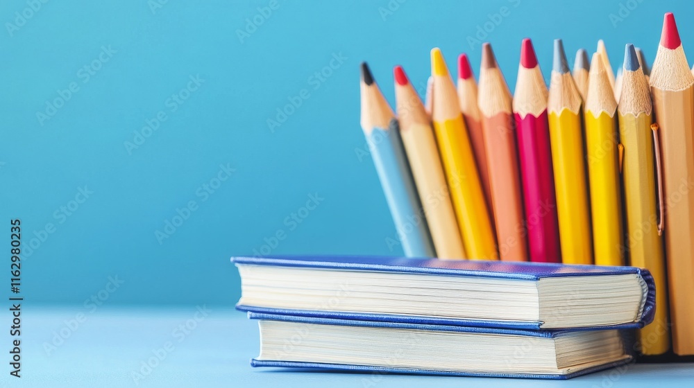 Colorful pencils beside two stacked books. Colorful pencils beside two stacked books.