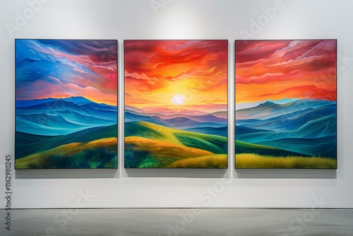 Vibrant triptych painting showcasing a sunset over rolling hills, perfect for art enthusiasts and interior decor. photo