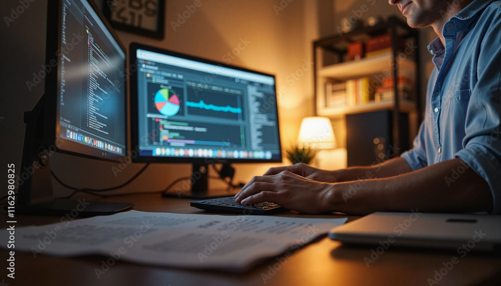 Tech-savvy employee working on dual monitors in cozy office, remote workflow Tech-savvy employee working on dual monitors in cozy office, remote workflow