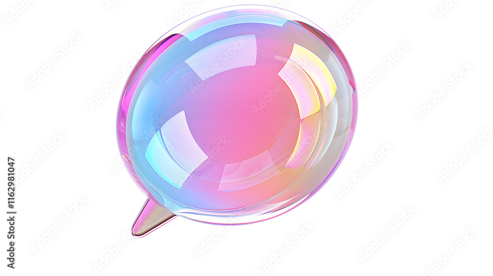 Obraz premium Vibrant holographic 3D speech bubble icon with an iridescent finish, perfect for representing communication and digital interaction. Isolated on white background 