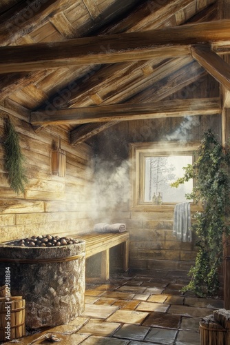 Rustic Traditional Russian Banya with Steam, Wooden Bench, and Birch Branches