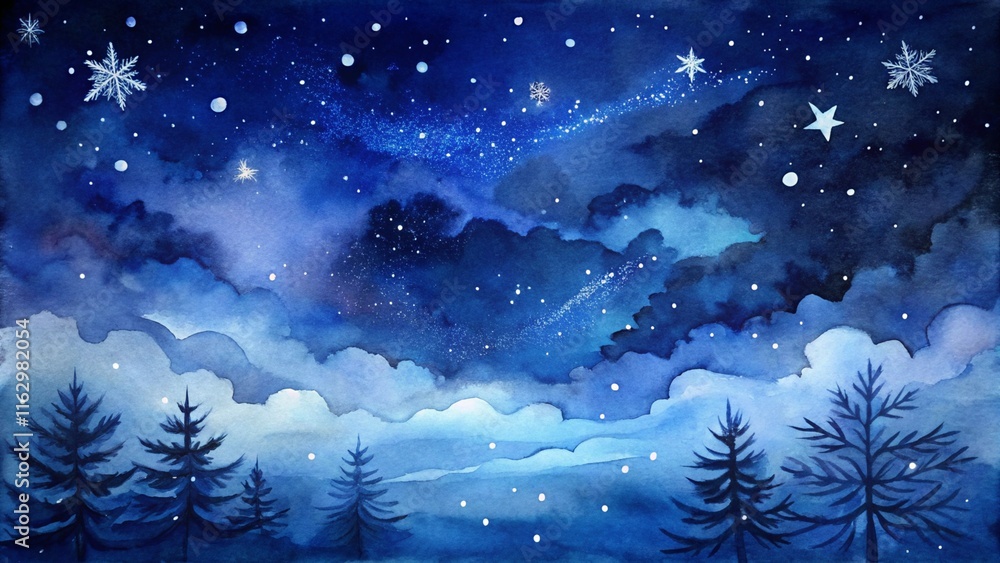 Naklejka premium Beautiful dark blue Christmas background with copy space for design or text. Watercolor drawing. Night sky with clouds and snowflakes. 