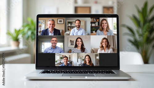 Diverse team collaborating in video conference, cloud communication