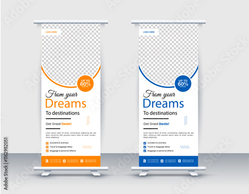 Travel Agency Poll-Up Banner. Roll-Up Banner Stand Template Design. Roll up banner stand template design, Vector, explore and travel world rollup banner, Standee Design.  