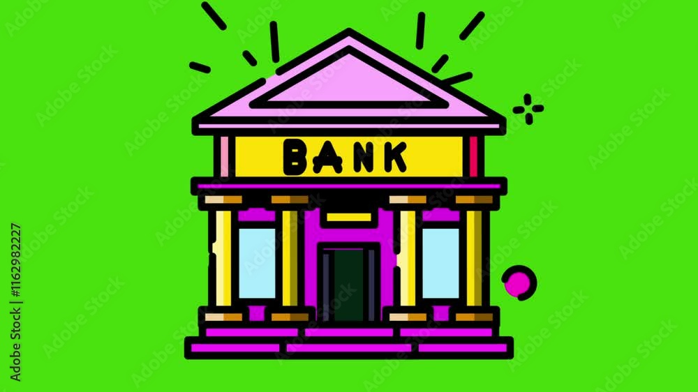 Bank Icon Animation on Green Screen Background, 2D Animation of Bank, Financial Concept, 4K Resolution Bank Icon Animation on Green Screen Background, 2D Animation of Bank, Financial Concept, 4K Resolution