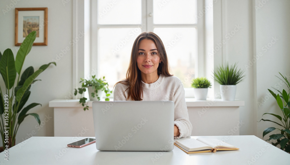 Woman maintaining eye contact during video call in minimalist study, clarity Woman maintaining eye contact during video call in minimalist study, clarity