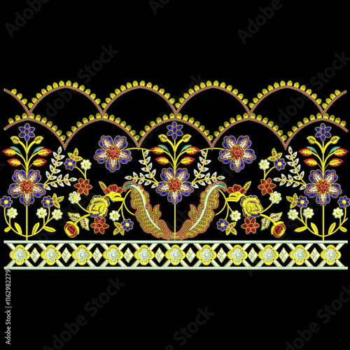 Geometrical and floral seamless border lace designs for digital and textile print on fabric.