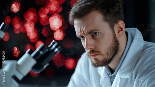 Concentrated young male scientist examines samples under a microscope against a blurred red light background. photo