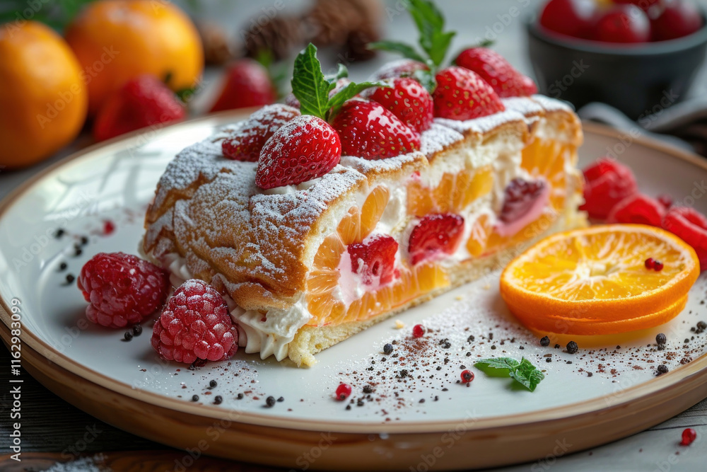 a lush dessert similar to a sponge roll or layer cake, decorated with fresh berries and cream. The bright colors of fruits and berries contrast richly with snow-white whipped cream and powder. a lush dessert similar to a sponge roll or layer cake, decorated with fresh berries and cream. The bright colors of fruits and berries contrast richly with snow-white whipped cream and powder.