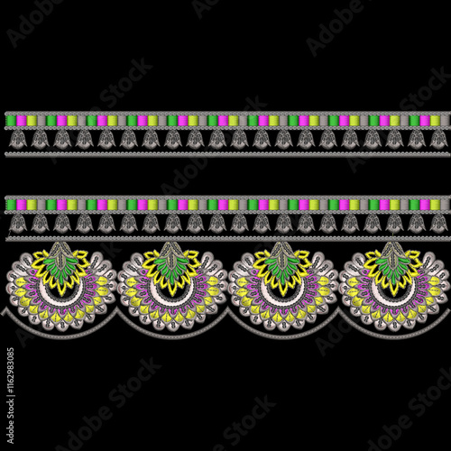 Geometrical and floral seamless border lace designs for digital and textile print on fabric.