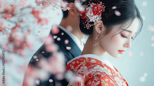 A stunning Japanese woman in a red floral kimono with elegant hair accessories, standing serenely among soft cherry blossom petals, creating a delicate and timeless scene. photo