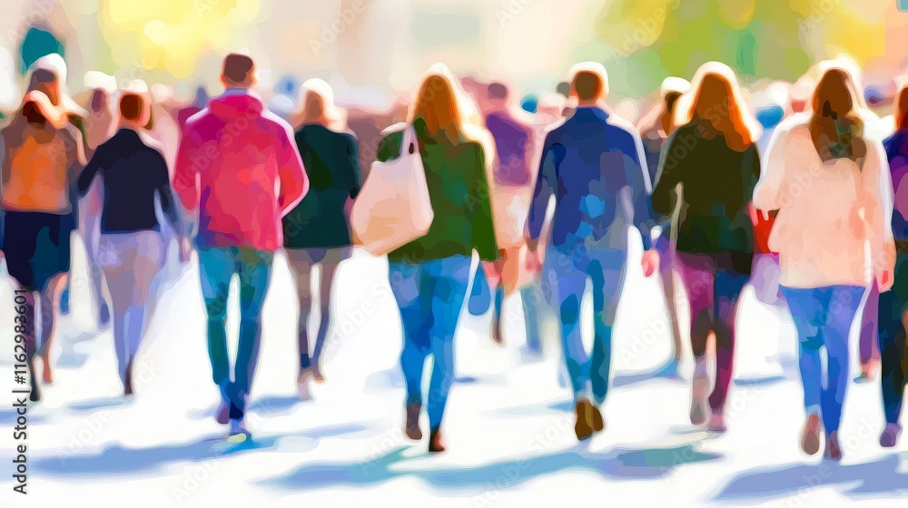Crowd of people walking through a vibrant city. Crowd of people walking through a vibrant city.