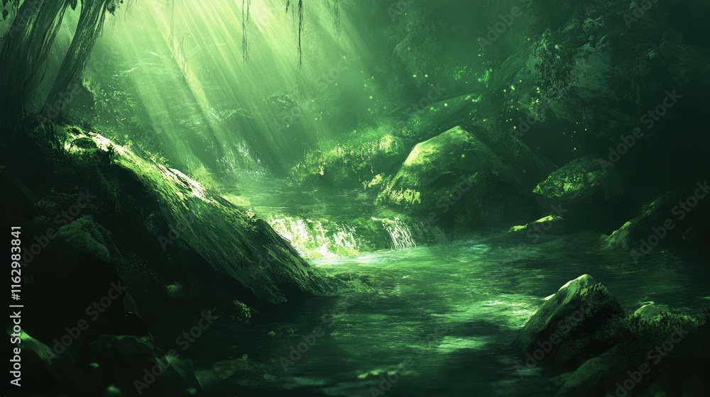A serene forest scene with a gentle stream and lush greenery illuminated by soft light. A serene forest scene with a gentle stream and lush greenery illuminated by soft light.