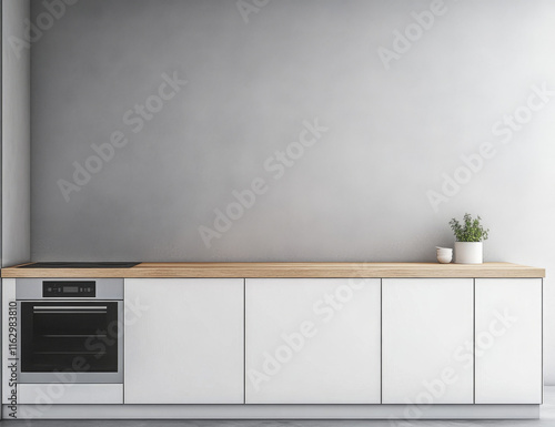 Simple kitchen with white cabinets and streamlined appliances, minimalistic furniture, harmonious design 
 photo