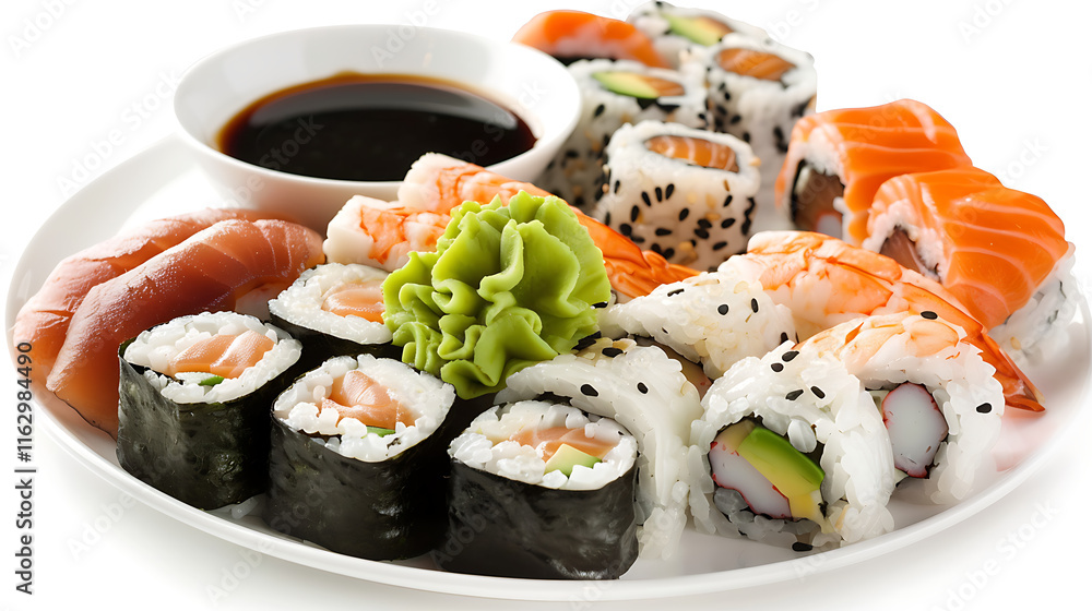 A plate of sushi rolls with sauce A plate of sushi rolls with sauce