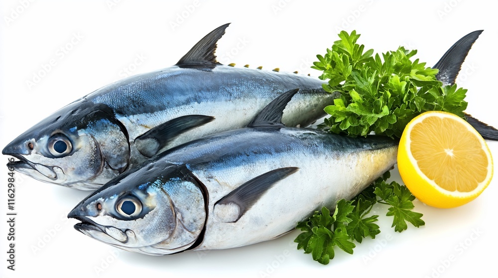 Two fresh bonito fish with lemon and parsley. Two fresh bonito fish with lemon and parsley.