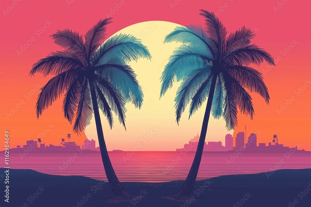 Fototapeta premium Cartoon flat tropical sunset with palms