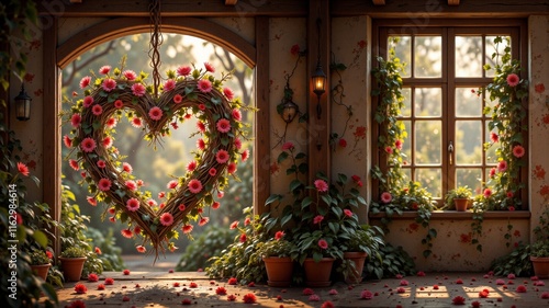 Heart-shaped flower arrangement hanging in a sunlit window of a cozy interior