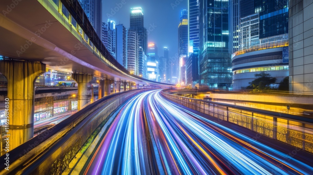 Fototapeta premium Dynamic cityscape with light trails at night.