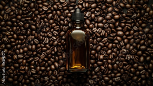 A glass bottle filled with dark liquid rests among roasted coffee beans on a wooden surface. The warm tones evoke a cozy atmosphere, ideal for a peaceful morning routine photo