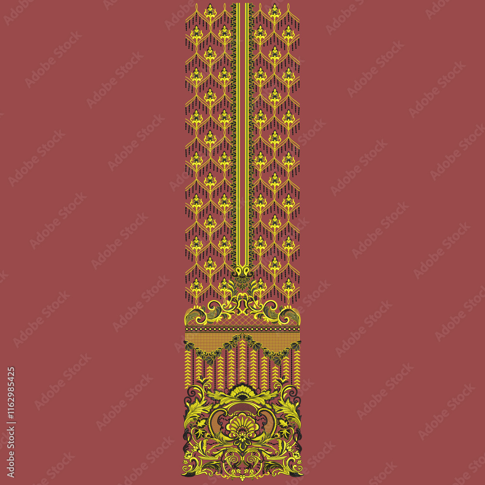 Fototapeta premium Traditional mughal artwork embroidery neckline and lace border design for trendy women wear fashion fabric print