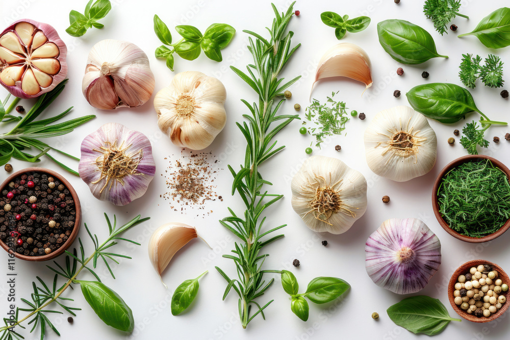 garlic and herbs isolated on white background, top view garlic and herbs isolated on white background, top view