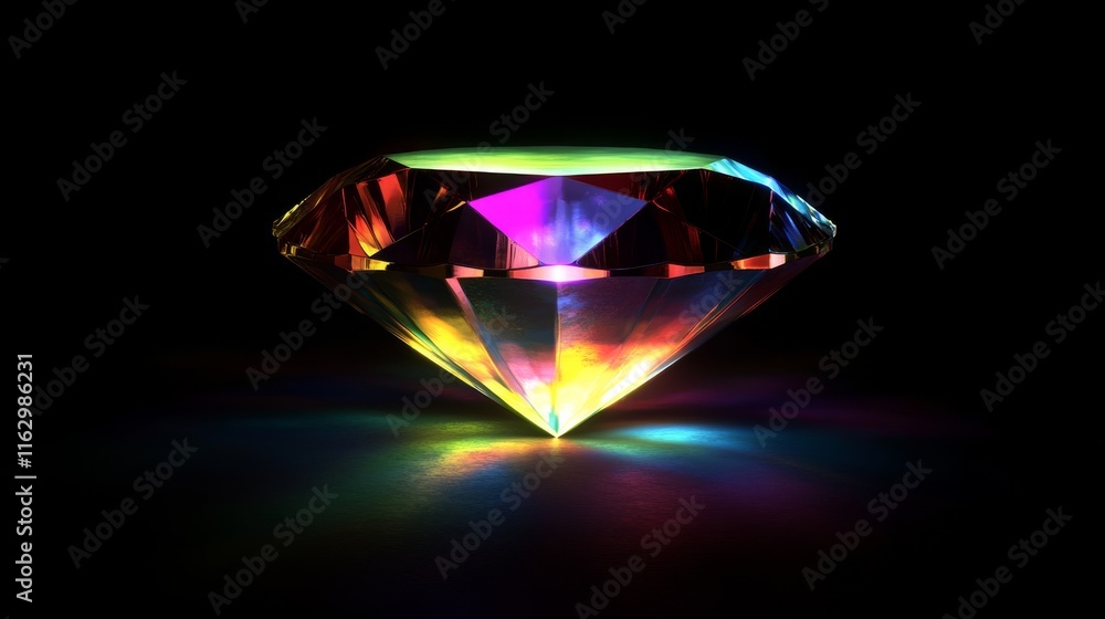 A diamond with a rainbow of colors is lit up A diamond with a rainbow of colors is lit up