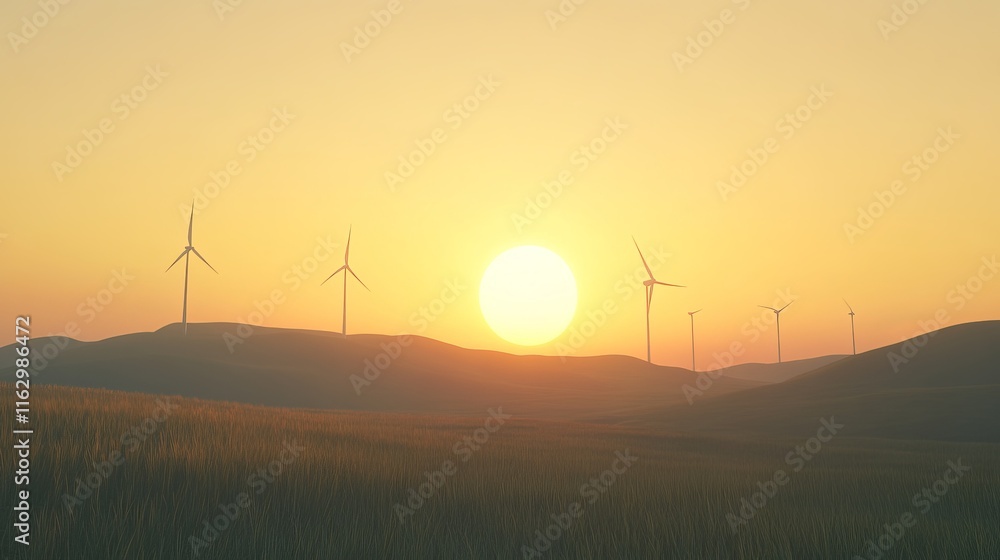A wind farm with turbines spinning on a grassy hill during sunrise. A wind farm with turbines spinning on a grassy hill during sunrise.