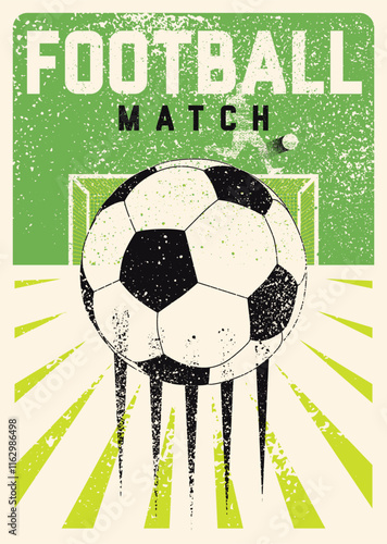 Football Match typographical vintage grunge style poster design with player silhouette and ball. Retro vector illustration.