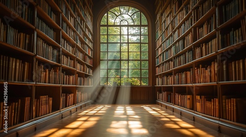 Sunlit Library Hallway With Rows Of Books