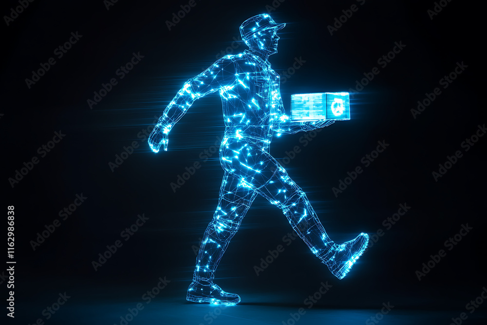 Glowing wireframe a pizza delivery person in uniform holding a pizza box on a transparent background, highlighted by a combination of blue and black data points
Glowing wireframe a pizza delivery person in uniform holding a pizza box on a transparent background, highlighted by a combination of blue and black data points