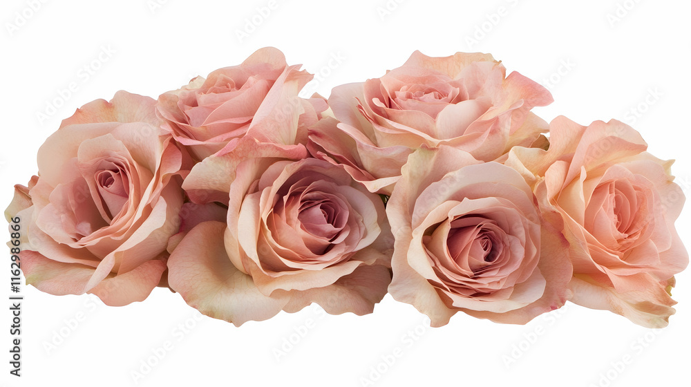 Close-up of blooming pink roses flowers and petals isolated on white table background Close-up of blooming pink roses flowers and petals isolated on white table background