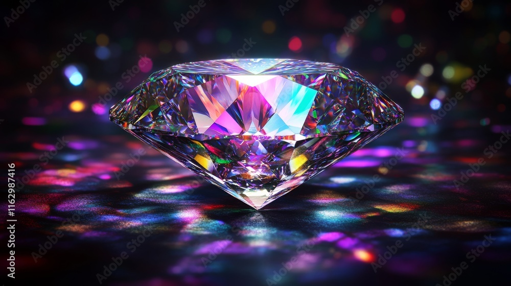 A diamond is shown in a colorful light, with a purple hue dominating the image A diamond is shown in a colorful light, with a purple hue dominating the image