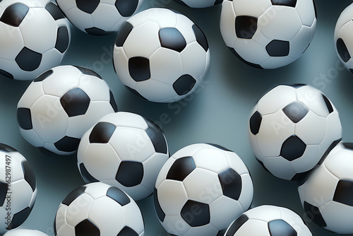 Soccer balls create a dynamic pattern in a playful arrangement on a surface