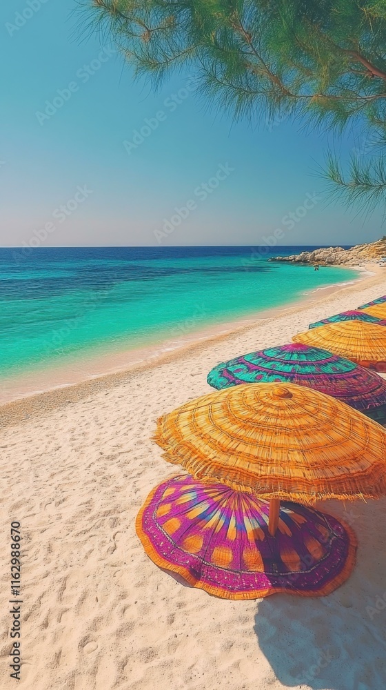 Serene beach scenes Colorful beach umbrellas shading sun Serene beach scenes Colorful beach umbrellas shading sun