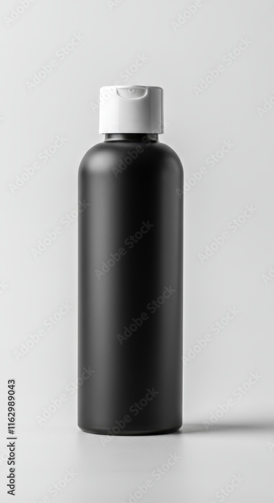 Bottle mockup. Sleek black bottle with a white cap on a minimalist background Bottle mockup. Sleek black bottle with a white cap on a minimalist background