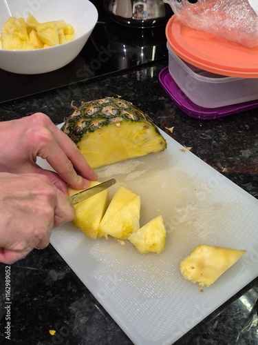 A person slicing a fresh pineapple on a white cutting board in a modern kitchen. The fruit is prepared for storage in containers, showcasing a healthy snack preparation process.