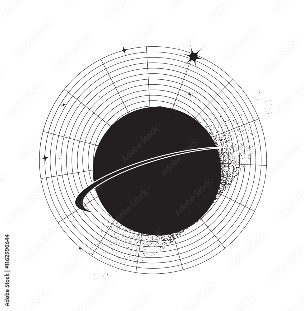 Fototapeta premium Abstract vector illustration of a black planet with rings, grid lines, and star elements. Perfect for space-themed designs, modern art, and digital projects