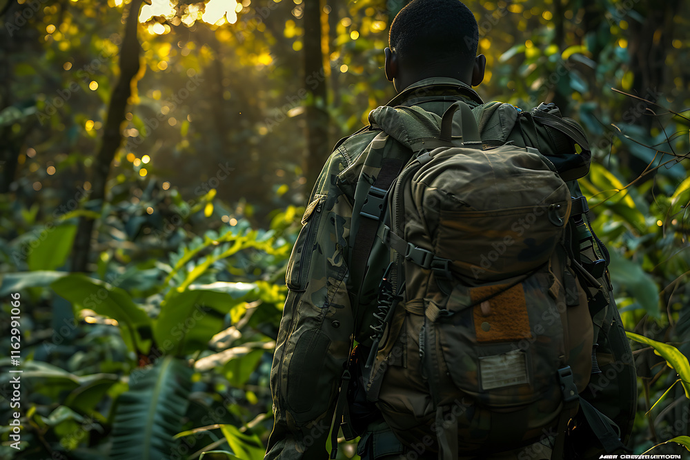 Fototapeta premium forest ranger, a skilled ranger, camouflaged in the forest, scans for wildlife with focused eyes sunlight filters through the canopy, creating dappled patterns on the ground as he stands prepared
